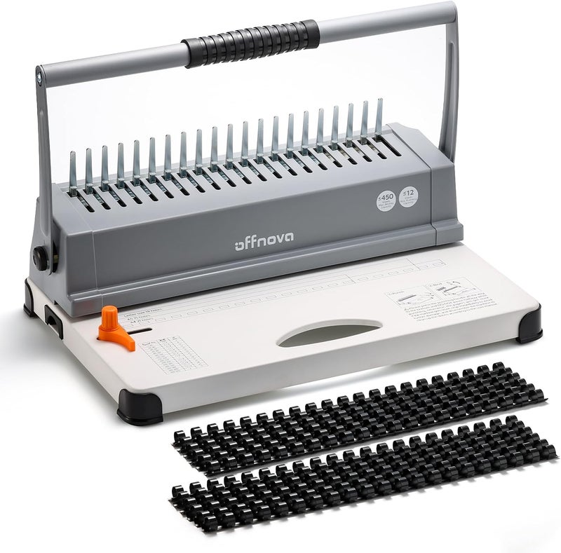 OFFNOVA Binding Machine, 21-Hole 450 Sheets Paper Comb Binding Machine for Letter Size / A4 / A5 Paper, Easy to Punch Handle, Adjustable Margin, Book Binder with 100 PCS 3/8'' Comb Binding Spines - Image 1